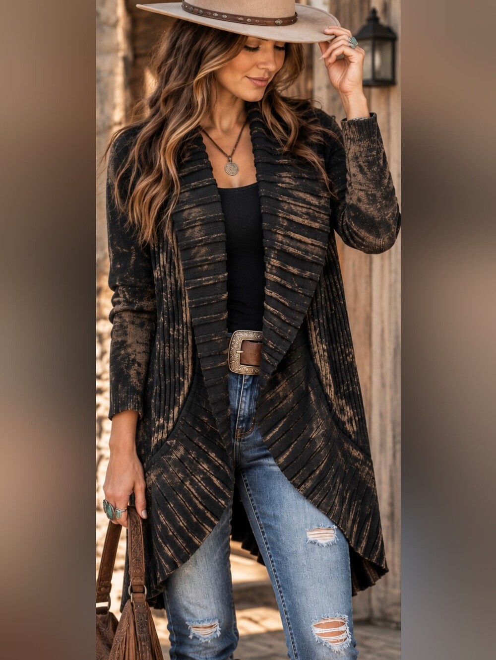 Angel Apparel Women’s M Black Brown Distressed Waterfall Cardigan Sweater Boho